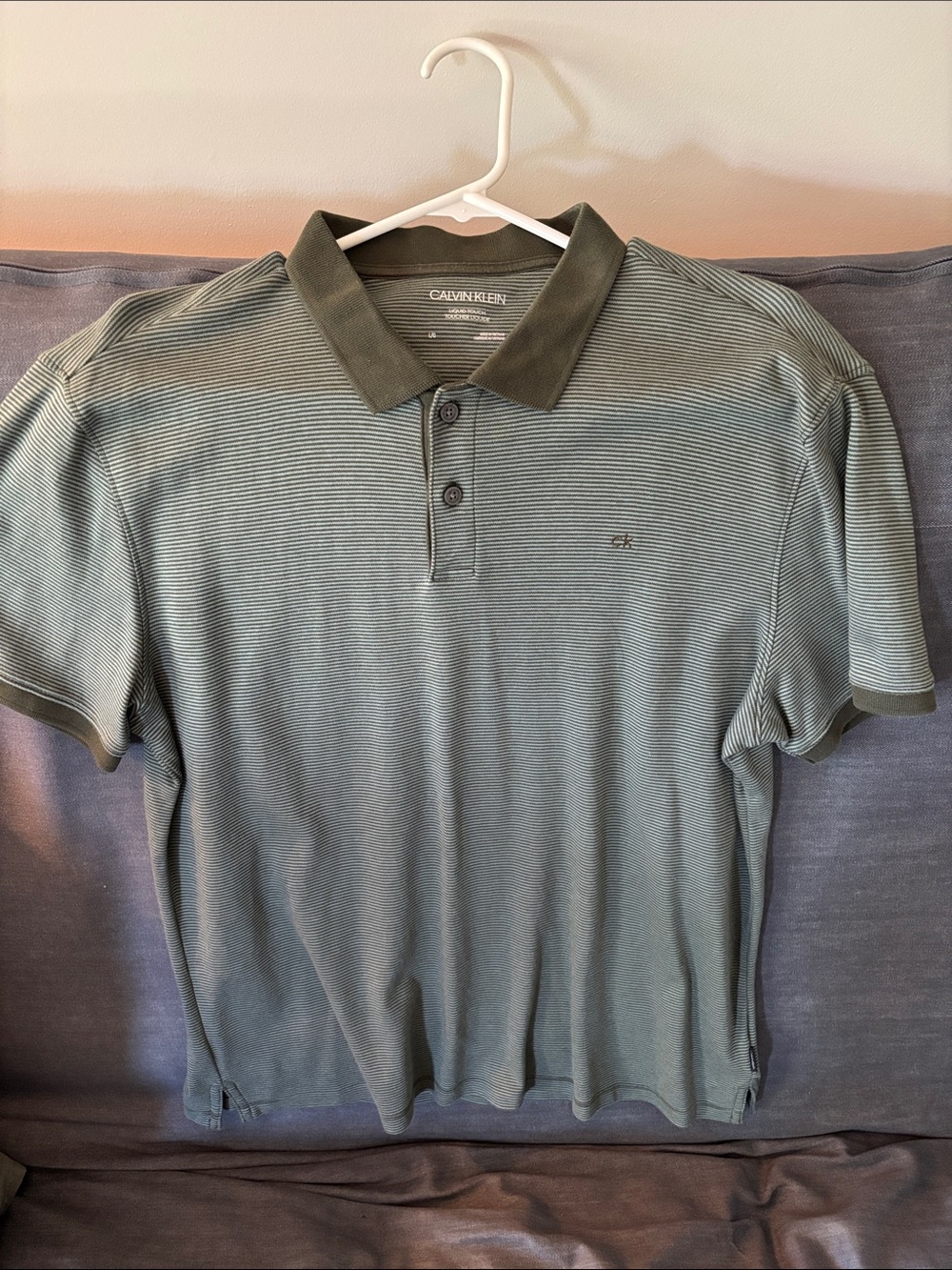 Calvin Klein Men's Olive Green Striped Polo with Contrast Collar